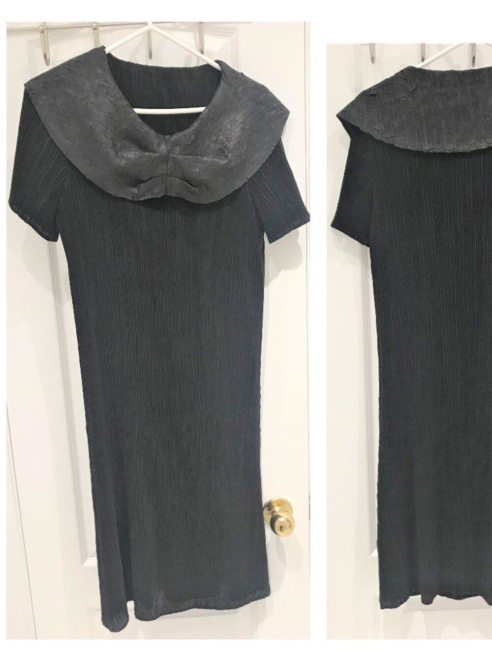 Black Pleated Midi Dress Wide Collar Short Sleeve Size S